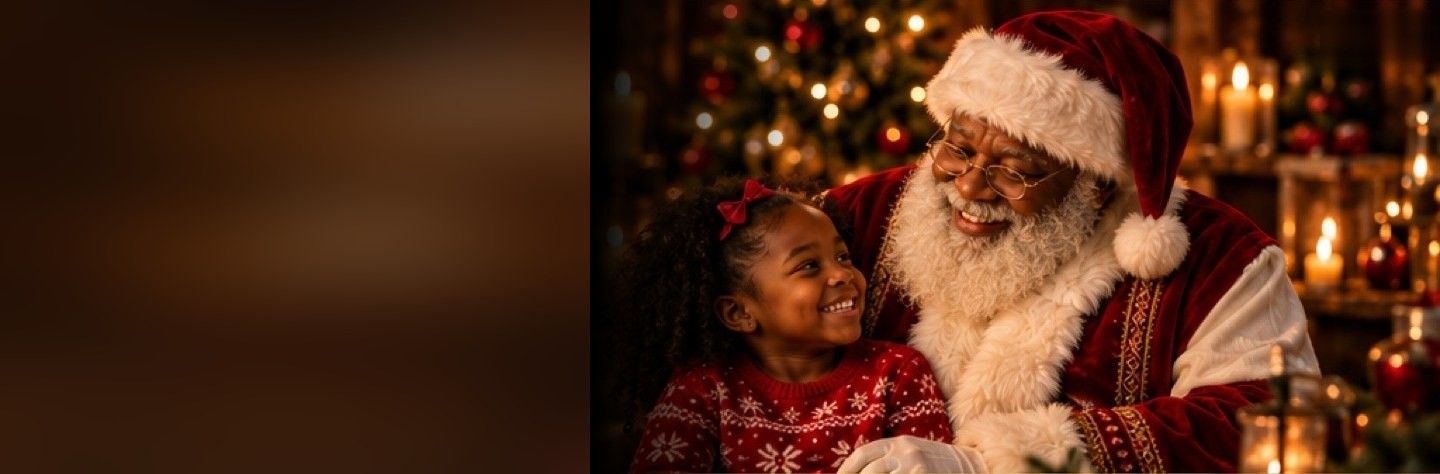 A beaming girl looks up at Santa, who smiles back at her