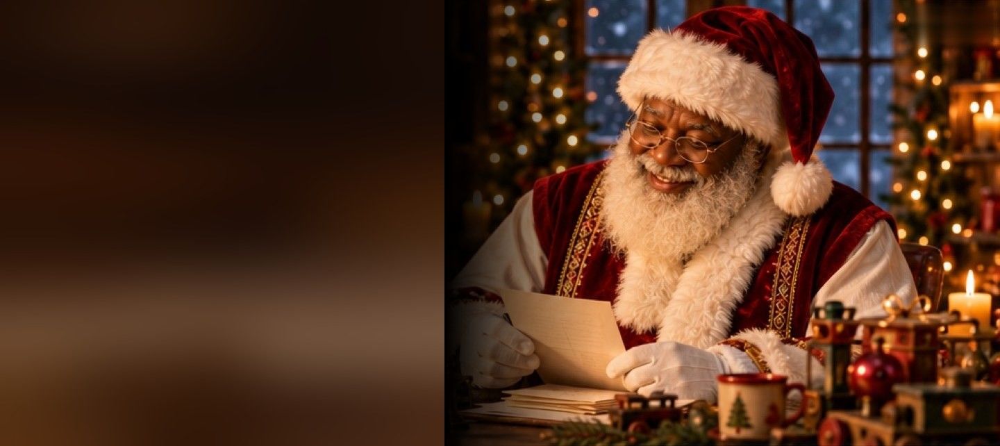 Santa at his writing desk reading a handwritten letter, smiling
