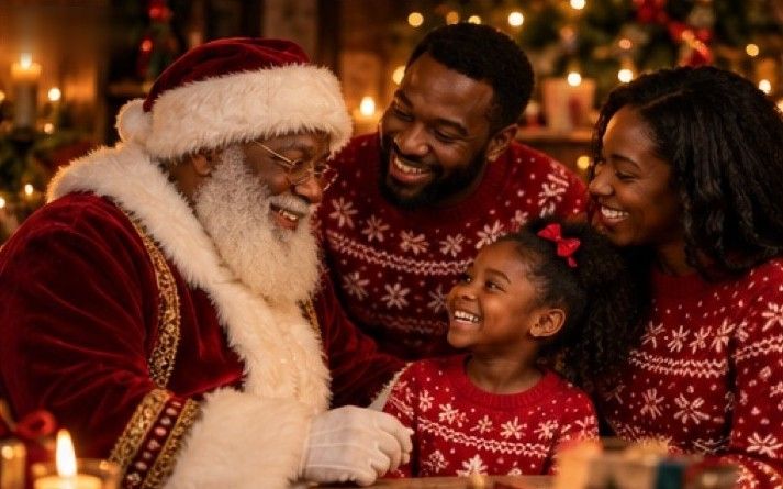 Santa laughing with a family in matching holiday sweaters as their daughter smiles up at him