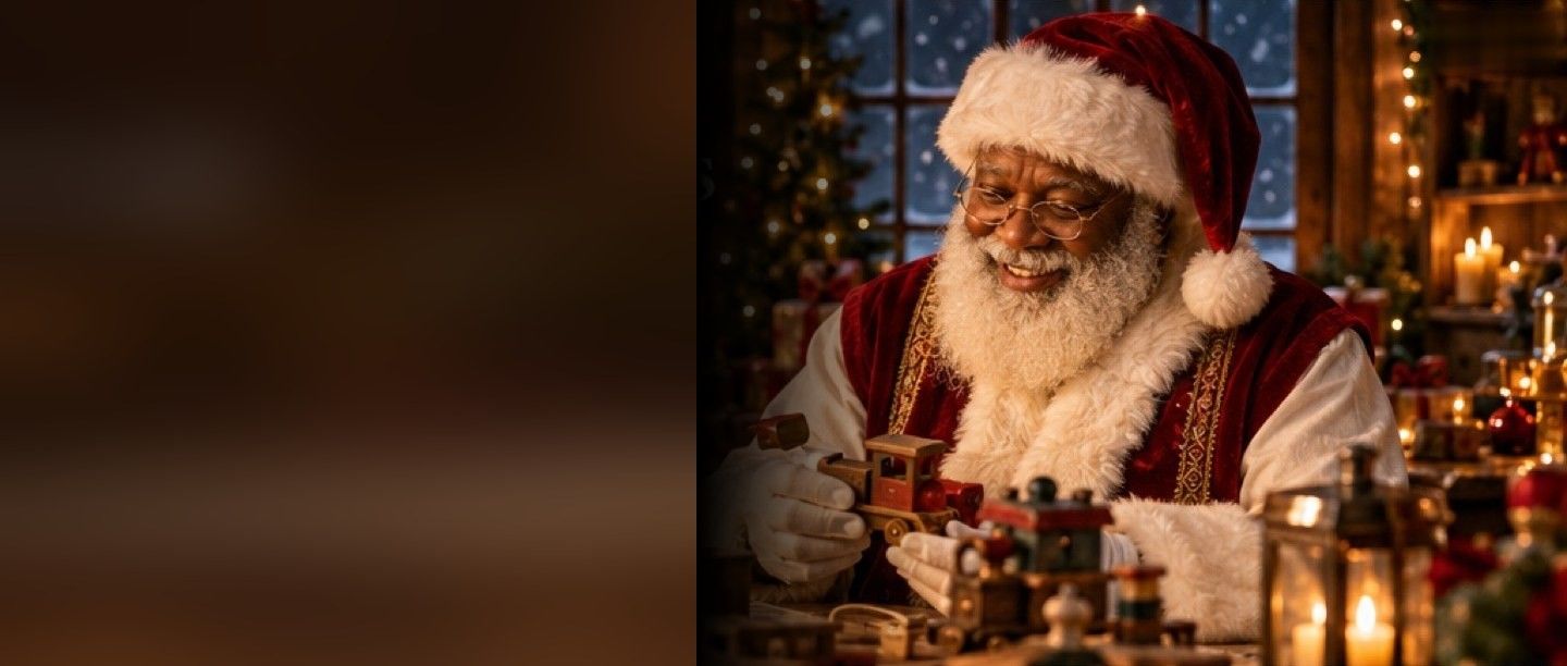 Santa smiling at his workbench, holding a small wooden toy train, surrounded by candles and toys