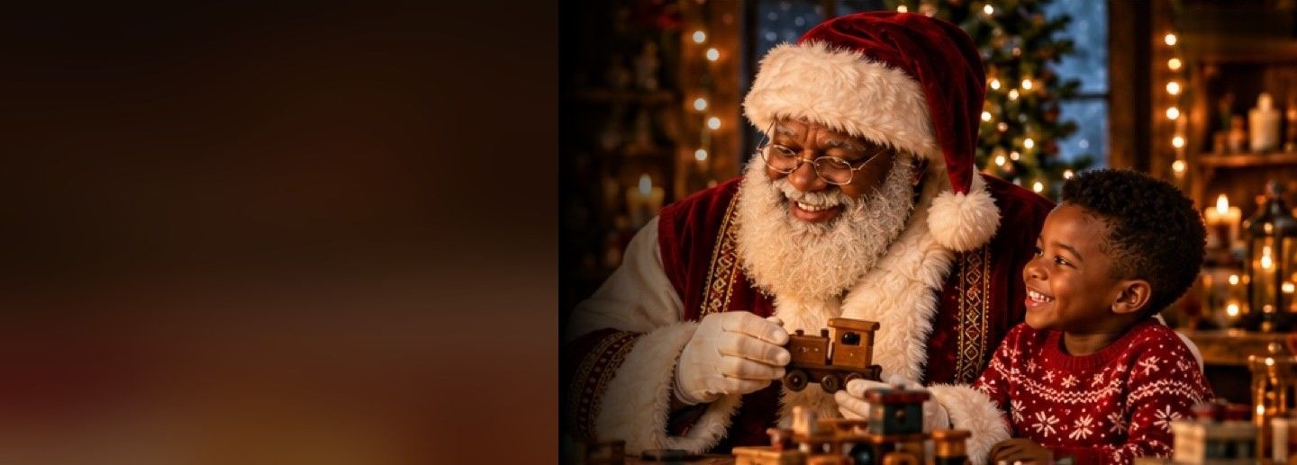 Santa showing a small wooden toy train to a delighted young boy