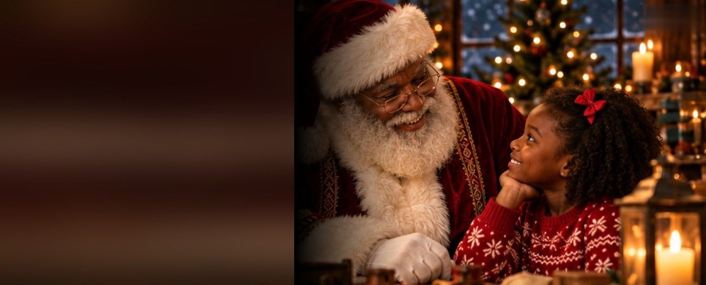 A girl rests her chin on her hand and smiles up at Santa as he leans in to listen