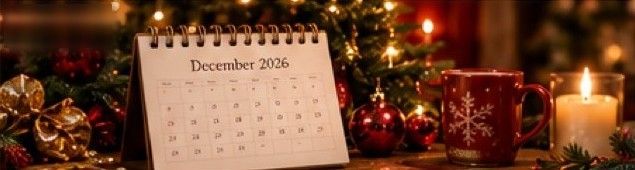 A December 2026 desk calendar beside a red mug and a candle
