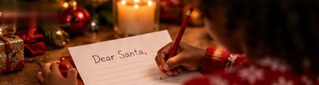 A child’s hand writing “Dear Santa” on cream paper