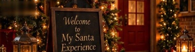 A glowing front door with lanterns and a chalkboard sign reading “Welcome to My Santa Experience”
