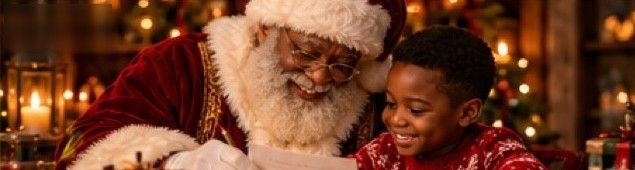 Santa reading a letter with a delighted young boy
