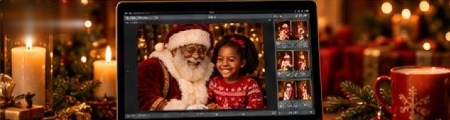A laptop showing a gallery of photos with Santa